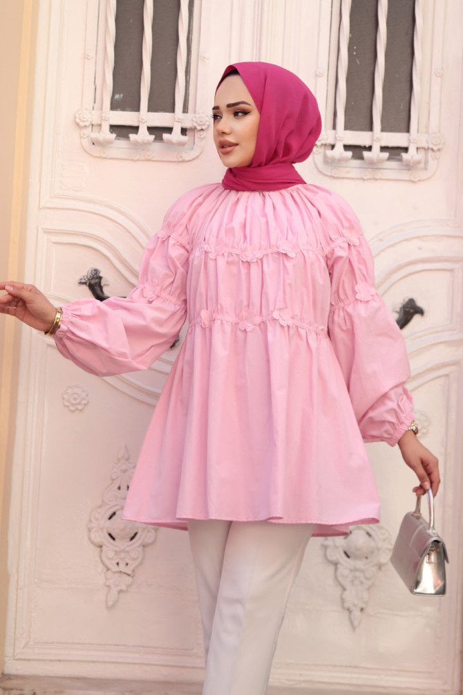 Büzgü Detaylı Pembe Tesettür Tunik 101033P - 2