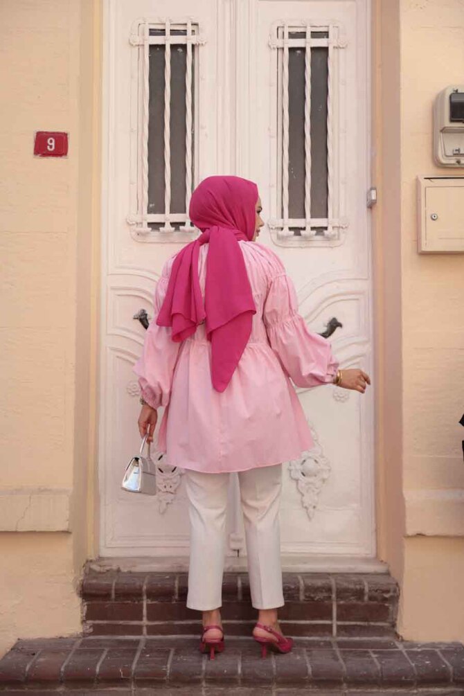 Büzgü Detaylı Pembe Tesettür Tunik 101033P - 3