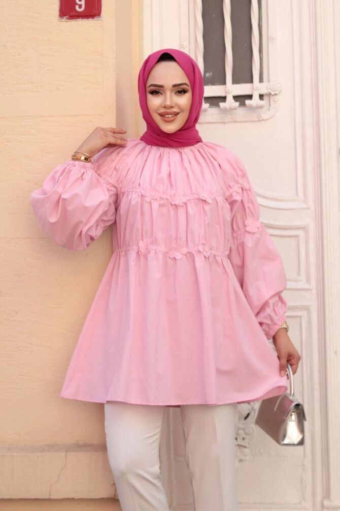 Büzgü Detaylı Pembe Tesettür Tunik 101033P - 1