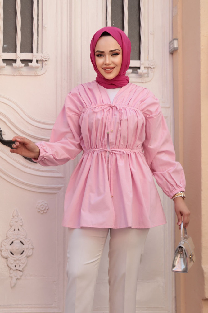 Büzgü Detaylı Pembe Tesettür Tunik 101042P - 3