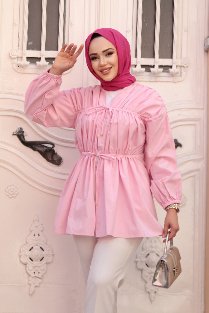 Büzgü Detaylı Pembe Tesettür Tunik 101042P - 1