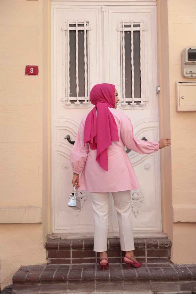 Büzgü Detaylı Pembe Tesettür Tunik 101042P - 4