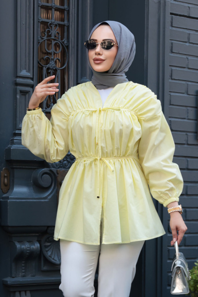 Büzgü Detaylı Sarı Tesettür Tunik 101042SR - 1