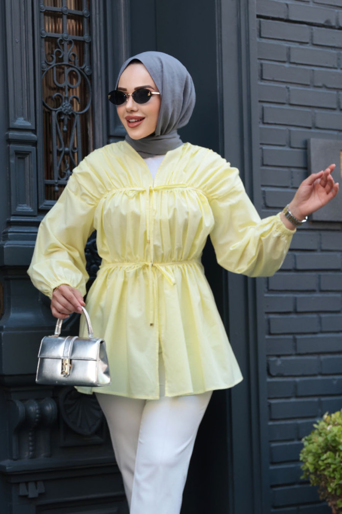 Büzgü Detaylı Sarı Tesettür Tunik 101042SR - 2