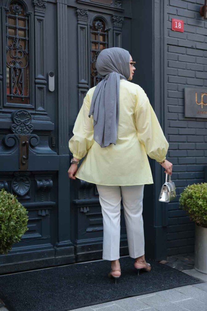 Büzgü Detaylı Sarı Tesettür Tunik 101042SR - 3