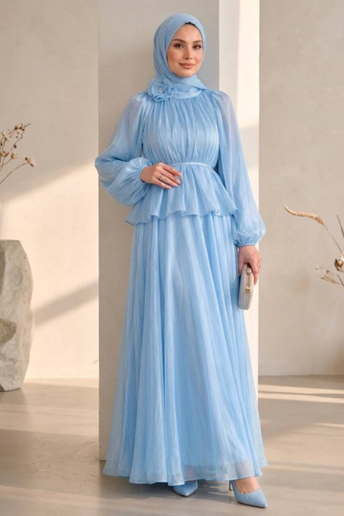 Büzgülü Yaka Peplum Janjan Şifon Bebek Mavisi Tesettür İkili Takım 82902BM - 1