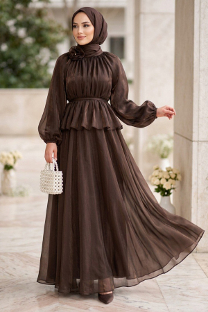 Büzgülü Yaka Peplum Janjan Şifon Kahverengi Tesettür İkili Takım 82902KH - 1