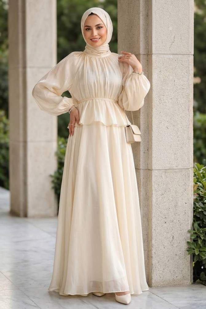 Büzgülü Yaka Peplum Janjan Şifon Taş Tesettür İkili Takım 82902TAS - 1