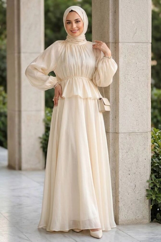 Büzgülü Yaka Peplum Janjan Şifon Taş Tesettür İkili Takım 82902TAS - 1