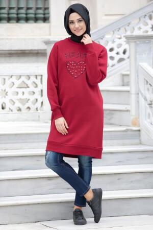 Bwest - Kalp Desenli Bordo Tesettür Sweatshirt 1214BR - 1