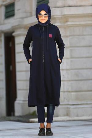 Bwest - Navy Blue Hijab Coat 1480L - 1