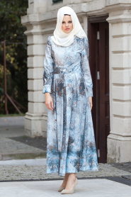 BY Kayalar - Buz Mavisi Tesettür Elbise 8044BM - Thumbnail