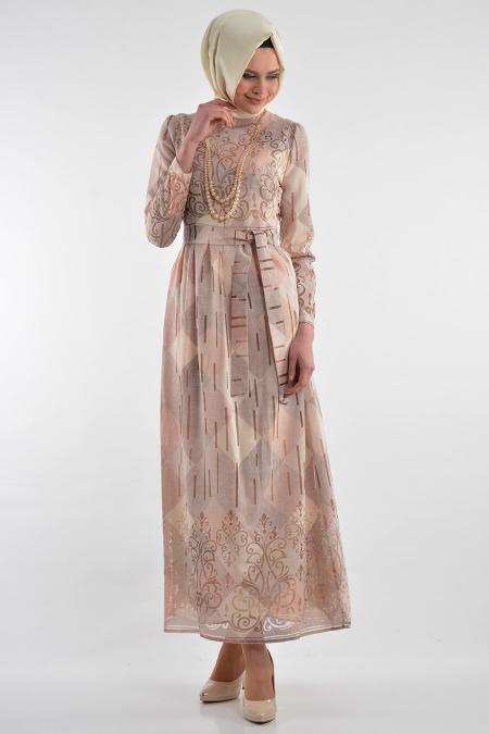By Kayalar - Desenli Bej Tesettür Elbise 8418-01BEJ - 1