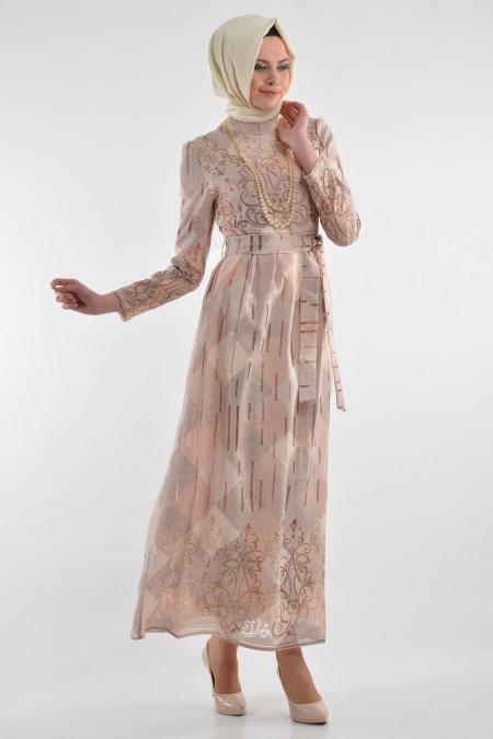 By Kayalar - Desenli Bej Tesettür Elbise 8418-01BEJ - 2