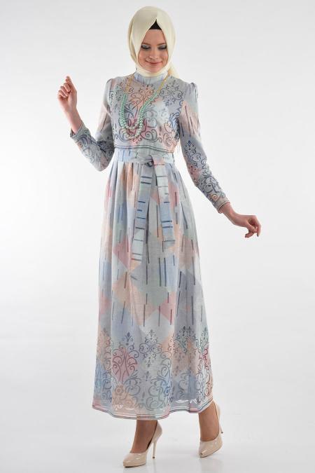 By Kayalar - Desenli Mavi Tesettür Elbise 8418-01M - 2