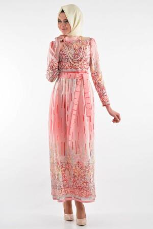 By Kayalar - Desenli Pembe Tesettür Elbise 8418-02P - 1