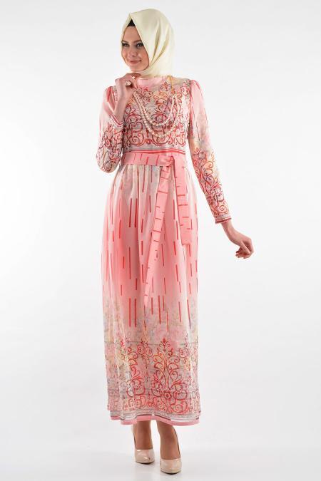 By Kayalar - Desenli Pembe Tesettür Elbise 8418-02P - 1