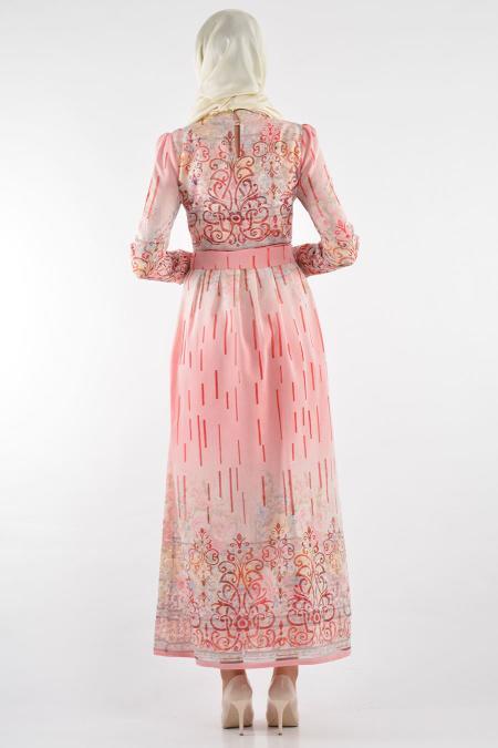 By Kayalar - Desenli Pembe Tesettür Elbise 8418-02P - 3
