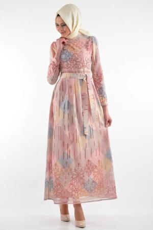 By Kayalar - Desenli Pembe Tesettür Elbise 8418-01P - 1