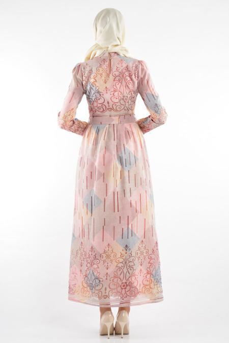 By Kayalar - Desenli Pembe Tesettür Elbise 8418-01P - 3
