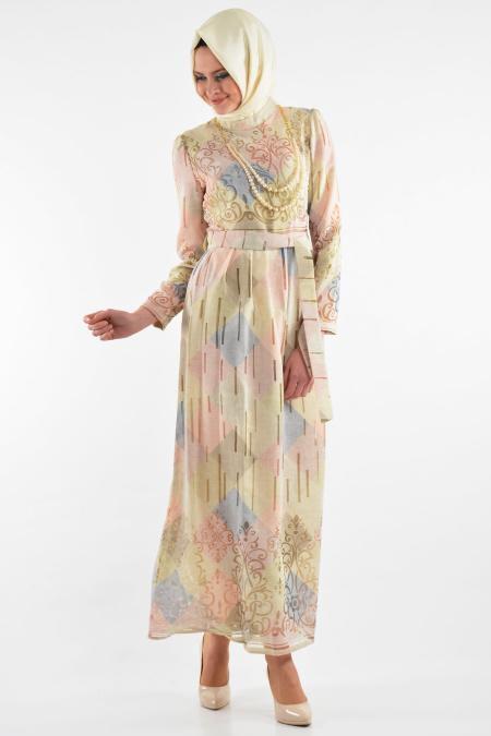 By Kayalar - Desenli Sarı Tesettür Elbise 8418-01SR - 1