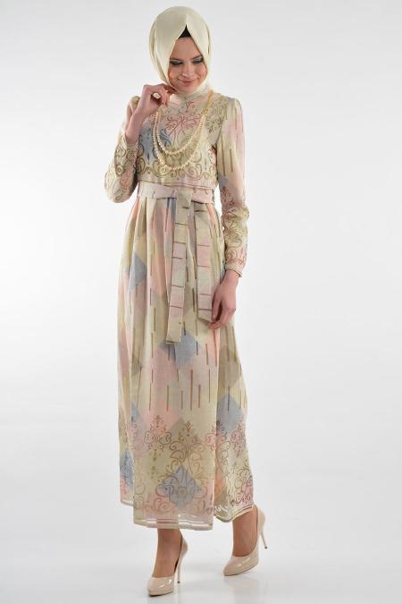 By Kayalar - Desenli Sarı Tesettür Elbise 8418-01SR - 2