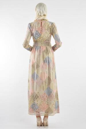 By Kayalar - Desenli Sarı Tesettür Elbise 8418-01SR - 3