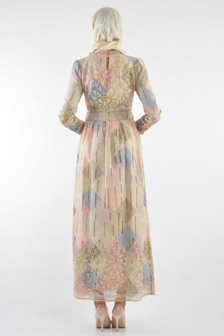 By Kayalar - Desenli Sarı Tesettür Elbise 8418-01SR - 3