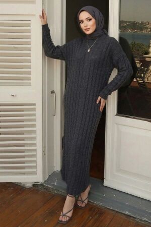 Cable-Knit Pattern Anthracite Modest Knit Dress 30312ANT - 1