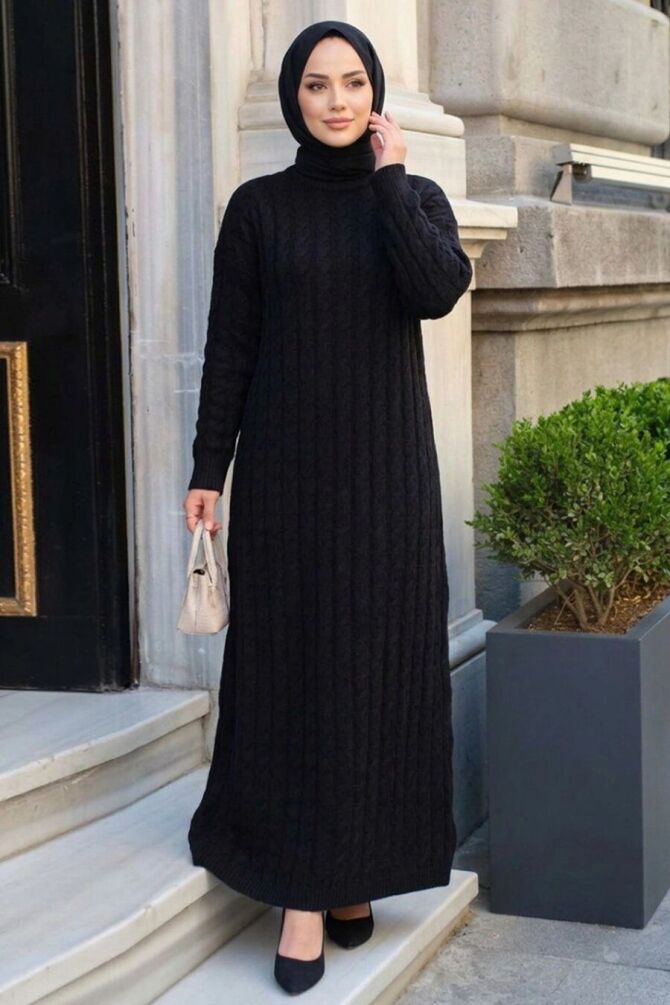 Cable-Knit Pattern Black Modest Knit Dress 30312S - 1