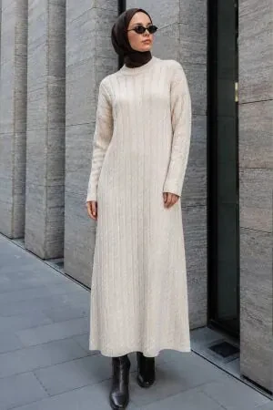 Cable-Knit Pattern Cream Modest Knit Dress 30312KR 