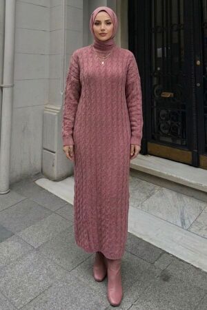 Cable-Knit Pattern Dusty Rose Modest Knit Dress 30312GK 