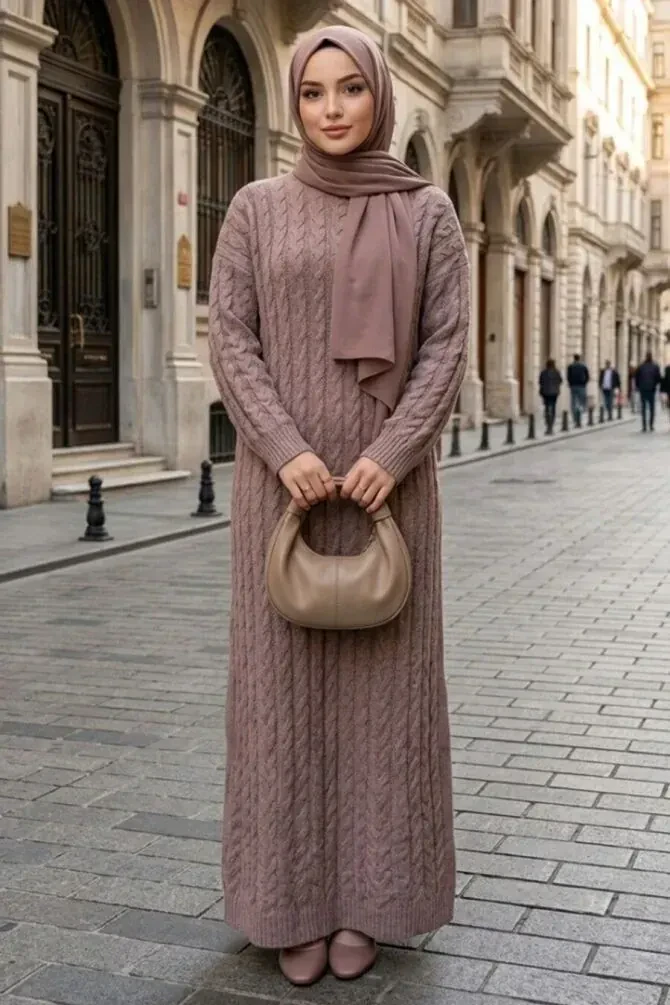 Cable-Knit Pattern Mink Modest Knit Dress 30312V - 1