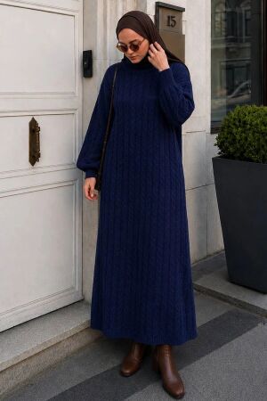 Cable-Knit Pattern Navy Blue Modest Knit Dress 30312L 