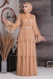 Camel Hijab Evening Dress 21320C - Thumbnail
