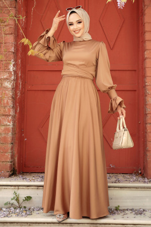 Camel Satin Modest Evening Gown 5983C - 2