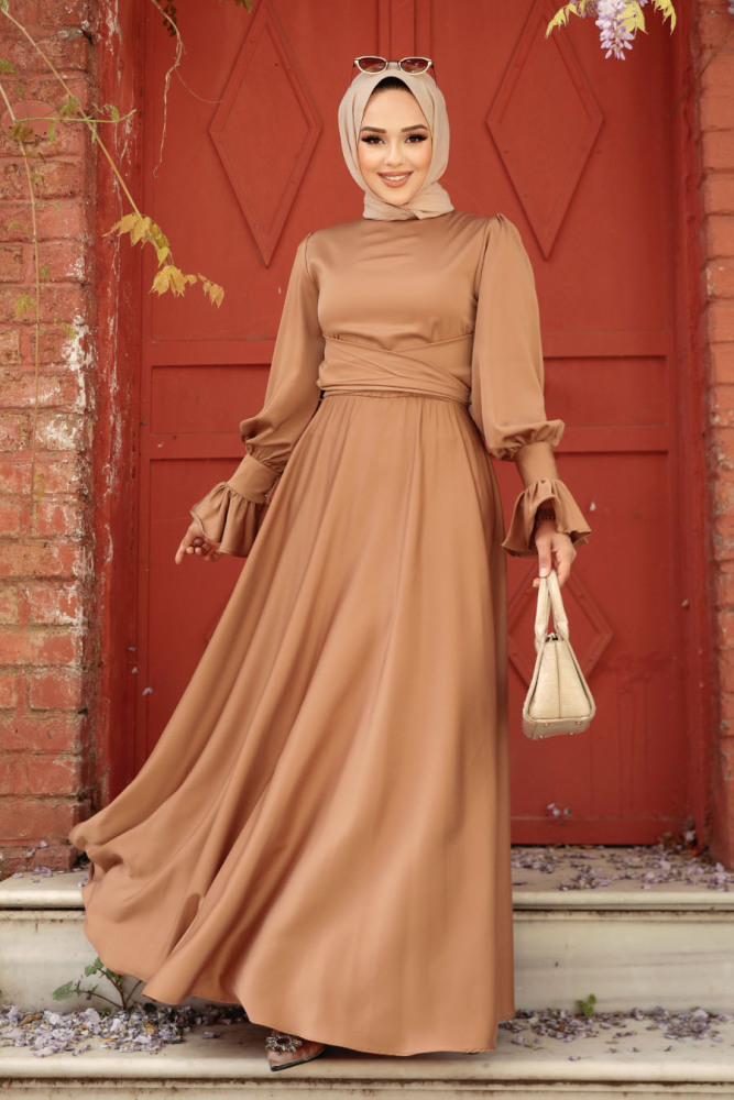  Camel Tesettür Saten Abiye Elbise 5983C - 3