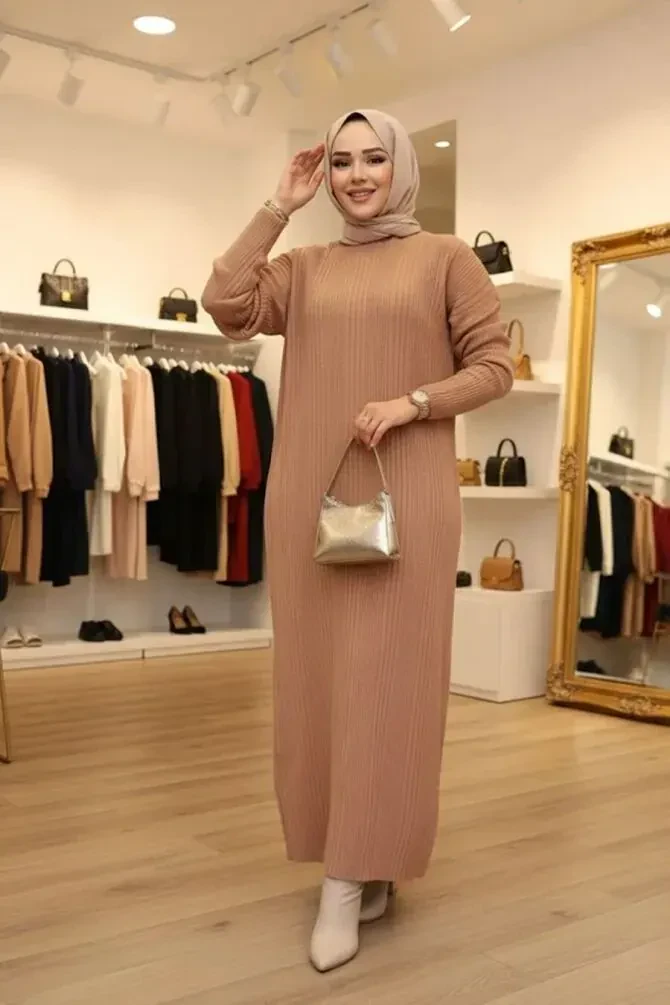 Camel Triko Tesettür Elbise 27504C - 1