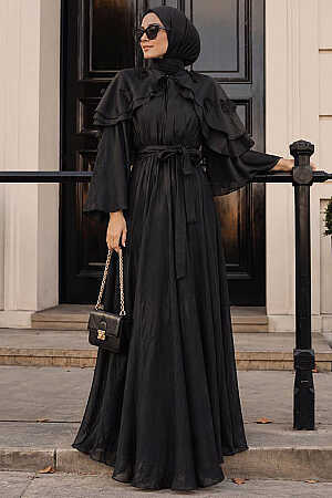 Cape and Floral Detail Black Modest Dress 26162S - 1