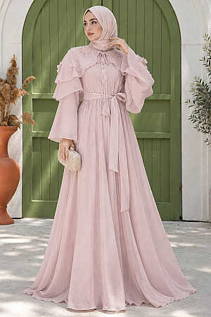 Cape and Floral Detail Lilac Modest Dress 26162LILA 