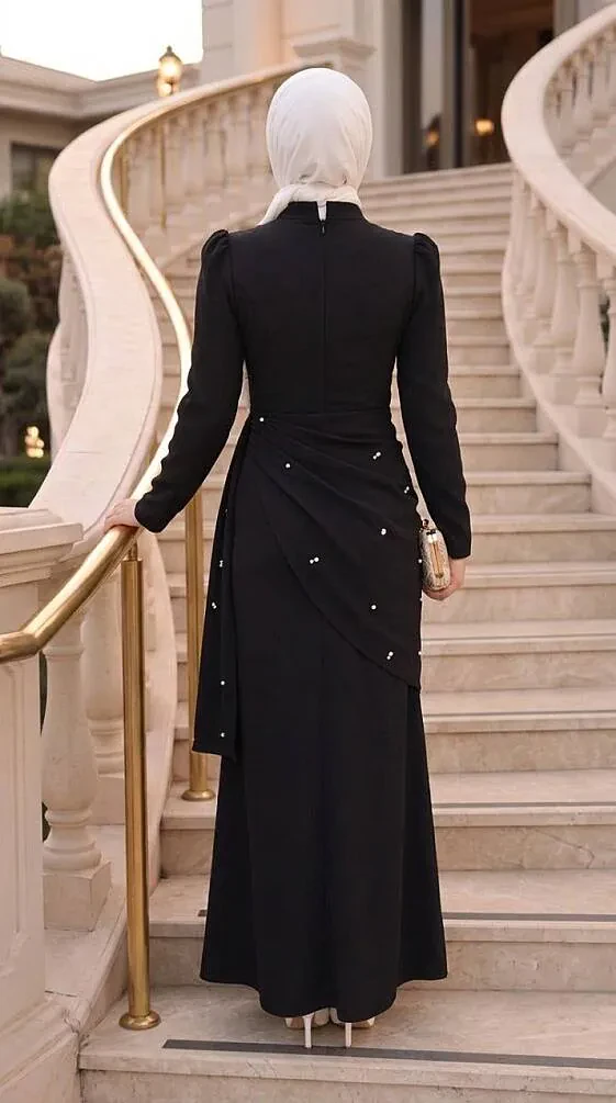 Cape-Detail Black Modest Evening Dress 56101S - 2