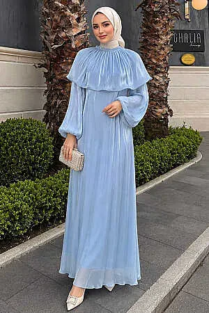Cape-Detail Gathered Iridescent Chiffon Baby Blue Modest Evening Dress 80401BM 