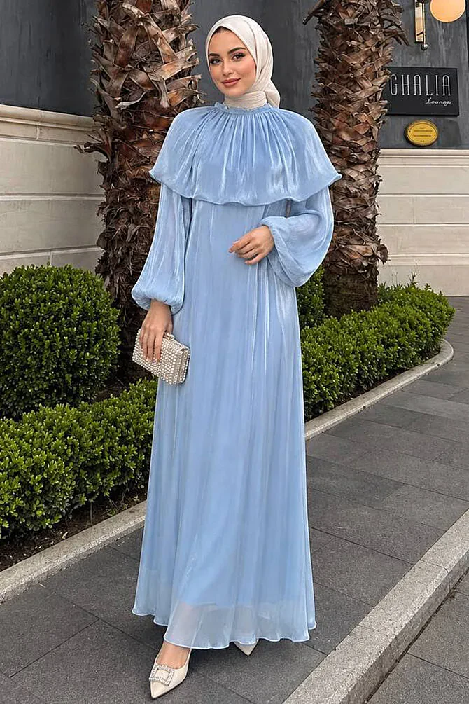 Cape-Detail Gathered Iridescent Chiffon Baby Blue Modest Evening Dress 80401BM - 1