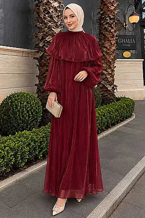 Cape-Detail Gathered Iridescent Chiffon Burgundy Modest Evening Dress 80401BR 