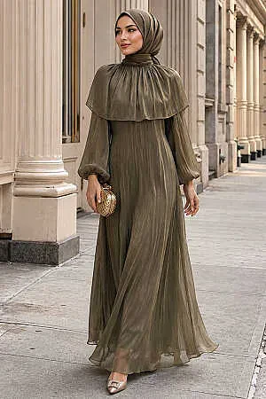 Cape-Detail Gathered Iridescent Chiffon Khaki Modest Evening Dress 80401HK 