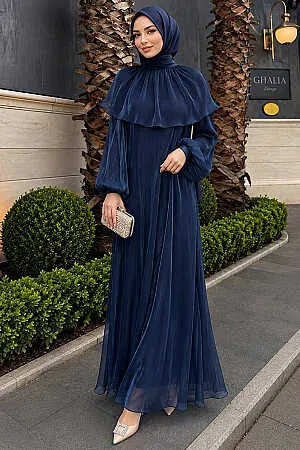 Cape-Detail Gathered Iridescent Chiffon Navy Blue Modest Evening Dress 80401L 