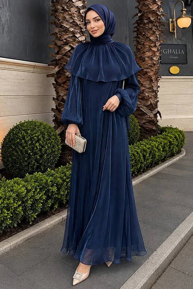 Cape-Detail Gathered Iridescent Chiffon Navy Blue Modest Evening Dress 80401L - 1