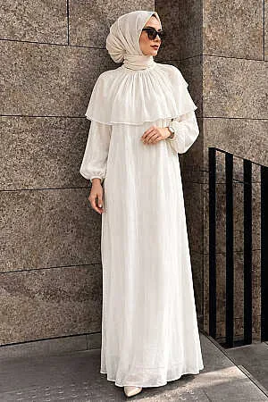Cape-Detail Gathered Iridescent Chiffon White Modest Evening Dress 80401B 