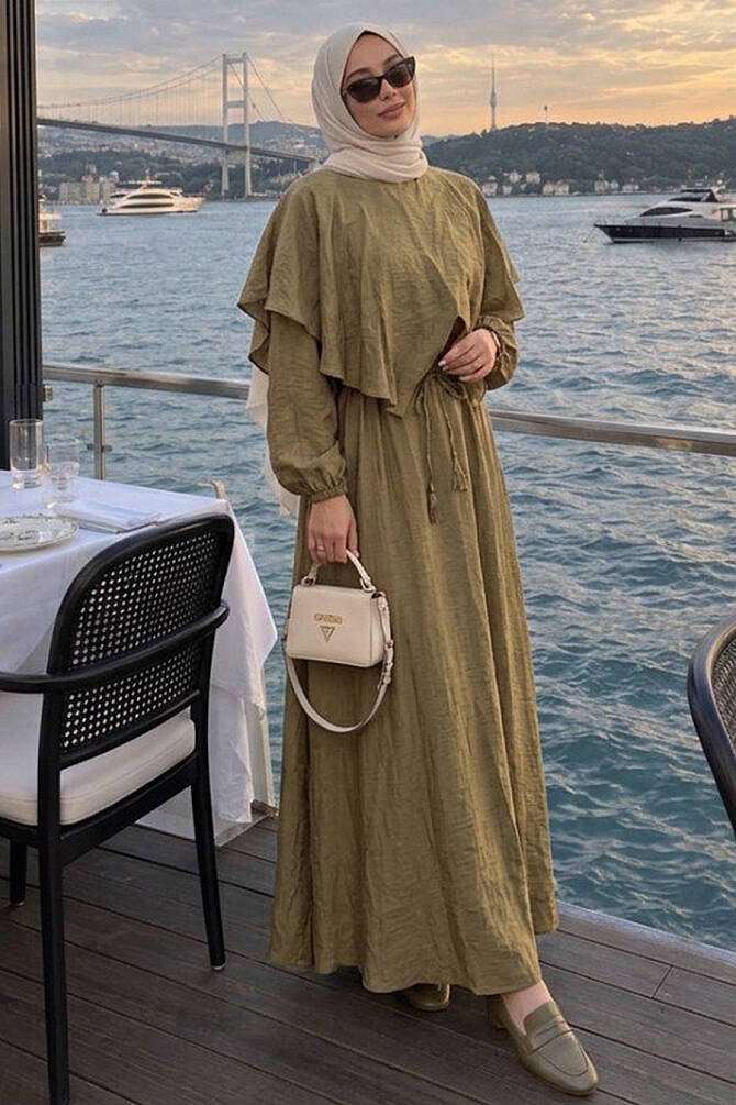 Cape-Detail Light Khaki Modest Dress 26076AHK - 1