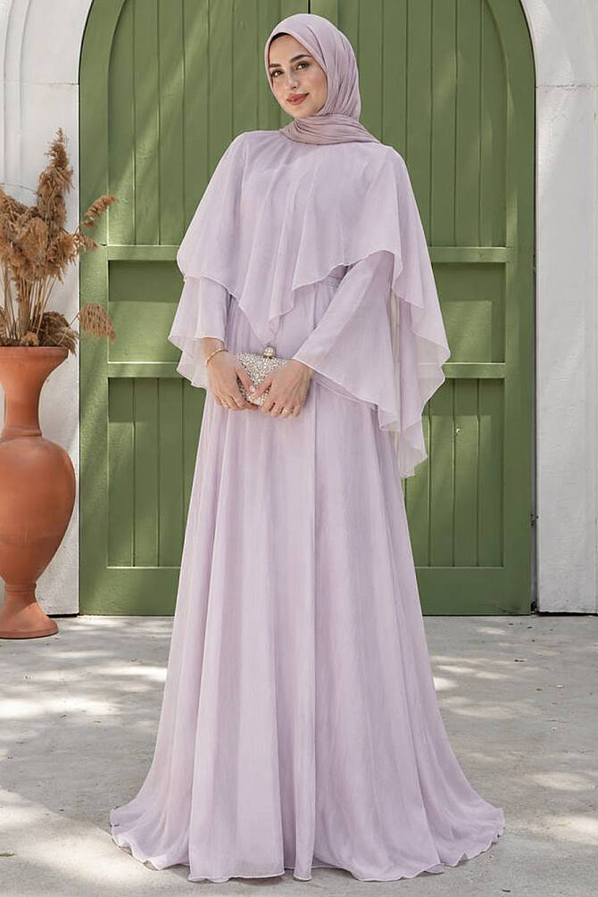 Cape-Detail Lilac Modest Dress 26160LILA - 1